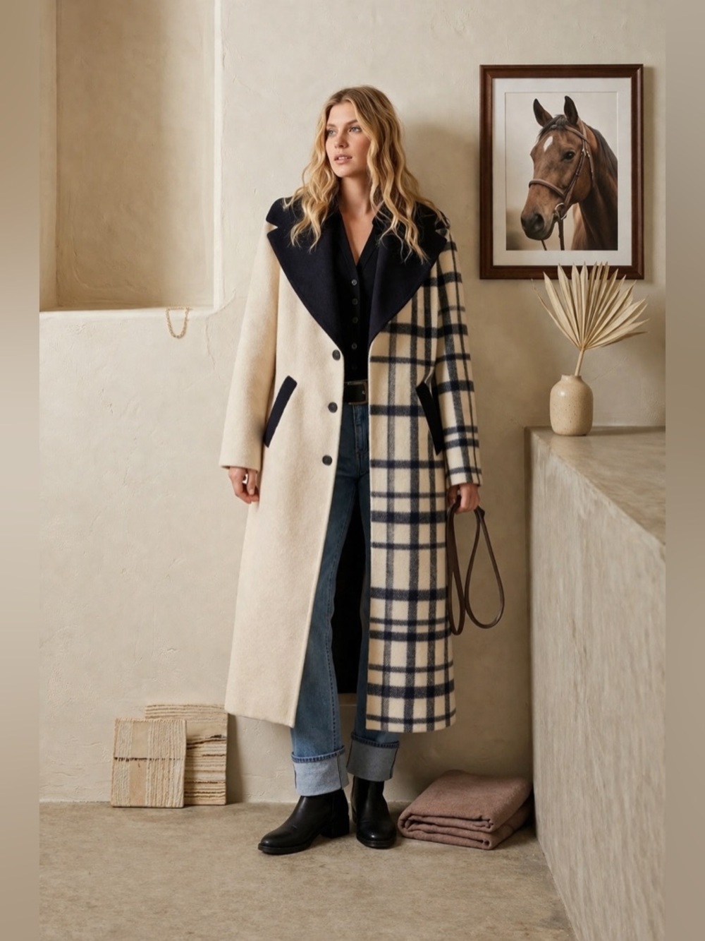 Hutch Kallie Plaid Colorblock Wool Blend Coat Black White Oversized Small NWT